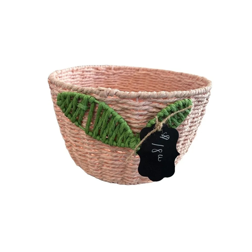 Adorable Pink Wicker Basket round Leaves Top Opening 9.25
